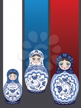 Poster with traditional Russian souvenir matryoshka dolls decorated with folk ornaments.
