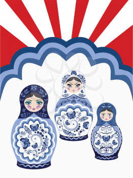 Poster with traditional Russian souvenir matryoshka dolls decorated with folk ornaments.