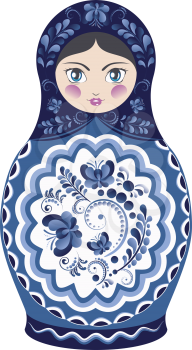 Decorative matryoshka doll with folk floral ornament of blue color.
