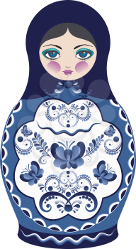 Decorative matryoshka doll with folk floral ornament of blue color.