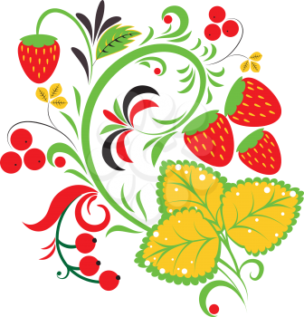 Colorful folk floral ornament with strawberries illustration.