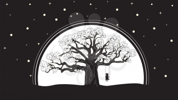 Silhouette of girl on swing and big tree in the night background.