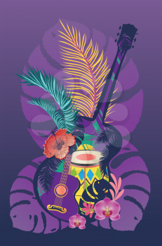 Music design with retro acoustic guitar, drum and tropical leaves and flowers.