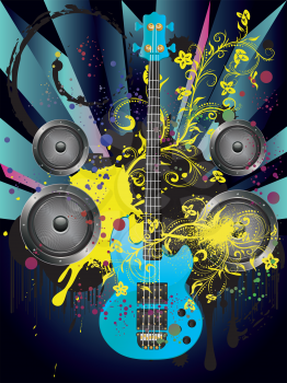Decorative grunge funky music poster with guitar and sound speakers.