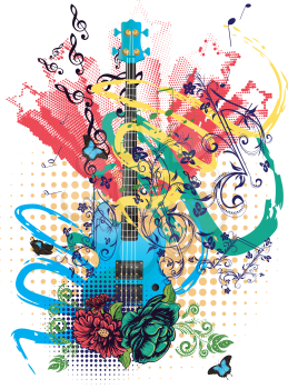 Retro style modern guitar colorful grunge illustration, music background.