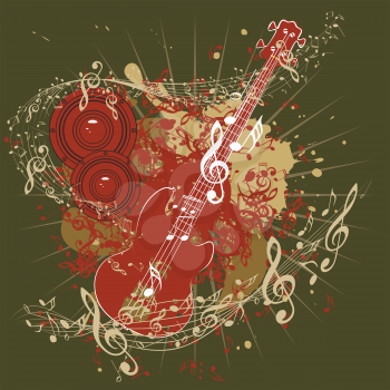Grunge poster with stylized guitar and music notes.