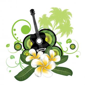 Musical background with white plumeria flowers and guitar.