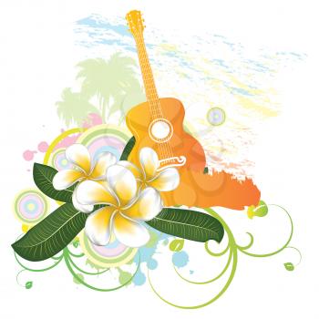 Abstract tropical background with palm trees, white plumeria flowers and guitar.