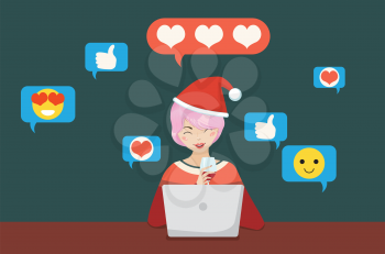 Cartoon girl with a laptop wears Christmas hat, chatting online in social media, concept illustration.