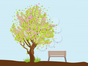 Illustration of cherry with pink blossom, sakura tree and bench.