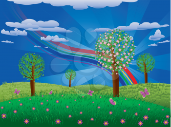 Fantasy landscape with blooming tree, flowers on grass field and colorful butterflies.