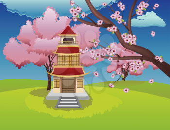 Spring background with vintage oriental house and sakura in bloom.