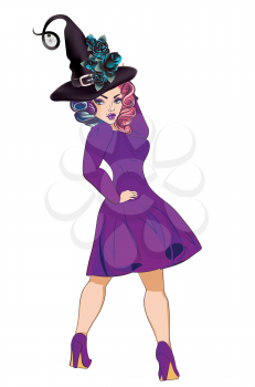 Fantasy witch woman in vintage purple dress and hat.