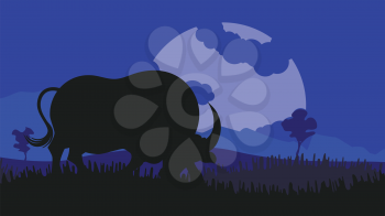 Illustration of night landscape and bull silhouette design.