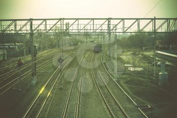 Top view to railway track at the train station in the morning.