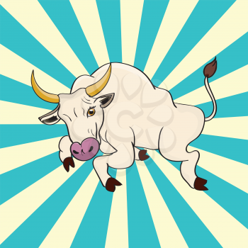 Illustration with cartoon white bull in a jump design.