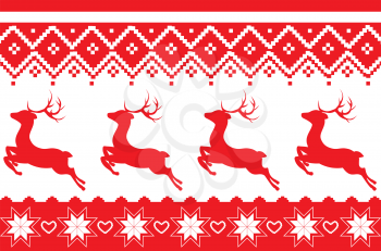 Retro nordic pattern with deer in red and white colors.