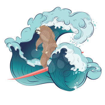 Cute cartoon sloth bear surfing waves on a surfboard.