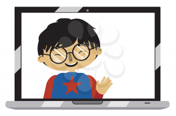 Cartoon asian boy on laptop screen, chatting online, distance technology concept.