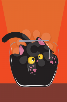 Cute cartoon black cat trapped in the glass bowl background.