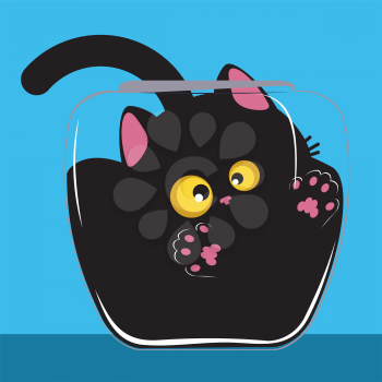 Cute cartoon black cat trapped in the glass bowl background.