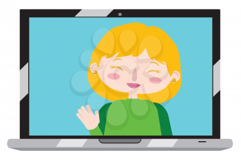 Cartoon blonde girl on laptop screen, chatting online, distance technology concept.