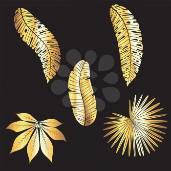 Abstract golden tropical leaves set, decorative illustration.