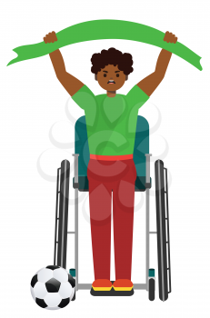 Cartoon afro american soccer or football fan in wheelchair illustration.