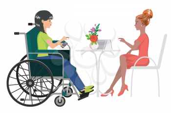 Cartoon girl in wheelchair drink coffee with her friend illustration.

