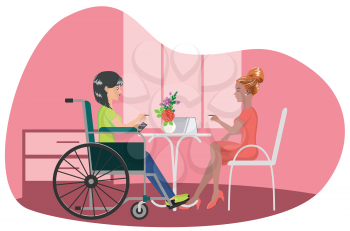 Cartoon girl in wheelchair drink coffee with her friend illustration.

