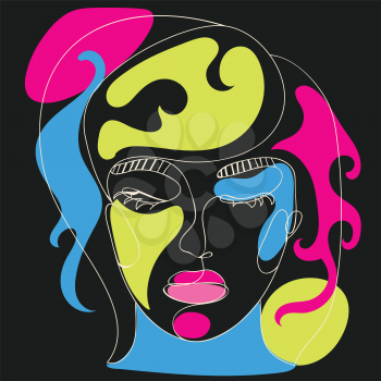 Contemporary line art style female portrait with colorful abstract shapes on dark background.