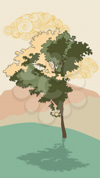Abstract mountain landscape with decorative tree and clouds illustration. 