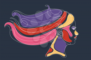 Abstract line art female portrait in profile with colorful shapes illustration.