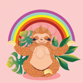 Cute cartoon sloth bear with tropical leaves illustration.