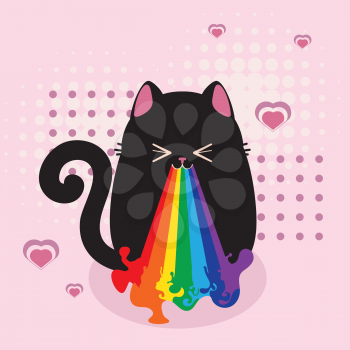 Greeting card with black cat throwing up rainbow illustration.