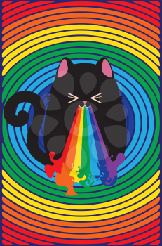 Greeting card with black cat throwing up rainbow illustration.
