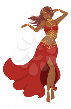 Cartoon belly dancer woman in red dress on white background illustration.