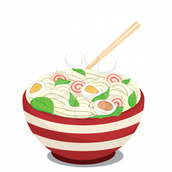 Cartoon red bowl with noodle soup, ramen illustration.