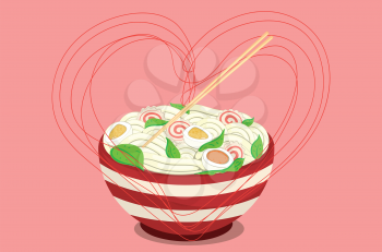 Cartoon red bowl with noodle soup, ramen illustration.