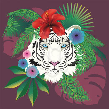 Abstract white tiger with blue eyes portrait with tropical leaves and flowers.