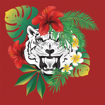 Abstract white tiger with blue eyes portrait with tropical leaves and flowers.