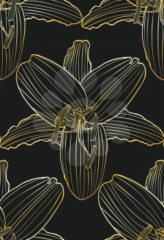 Decorative golden lily flower line art on dark background illustration.