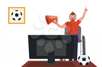 Cartoon disabled man in red shirt in wheelchair watching TV, soccer or football fan illustration.