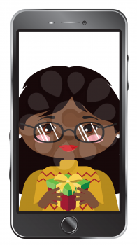 Cartoon afro american girl on smartphone screen, chatting online, distance technology concept.