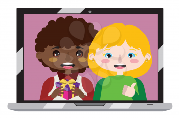 Cartoon boy and girl with gift box, chatting on laptop screen background.