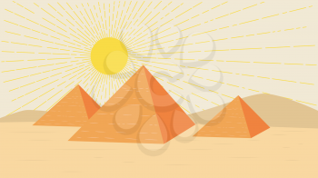 Ancient Egypt desert landscape with three pyramids illustration.