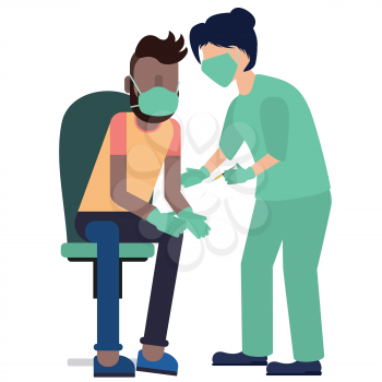 Cartoon nurse and man wearing a face mask getting vaccination shot injection.
