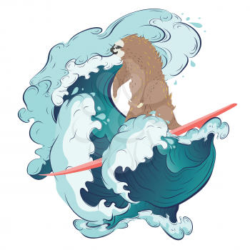 Cute cartoon sloth bear surfing waves on a surfboard.