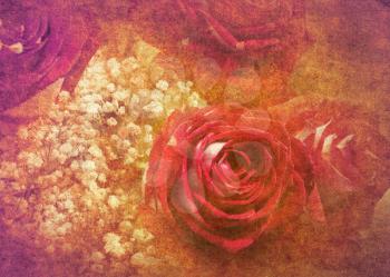 Decorative bouquet of bright red roses, retro paper textured anniversary background.