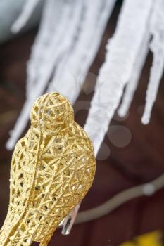 Decorative element artificial glittering golden bird, ornamental Christmas toy